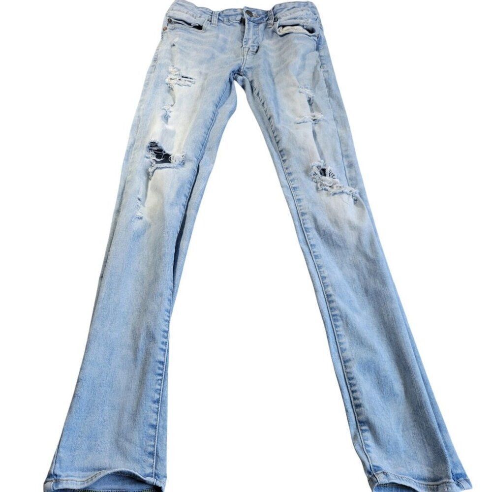 American Eagle Jeans Mens 30x33 Tag 30x34 Skinny Distressed Light Wash